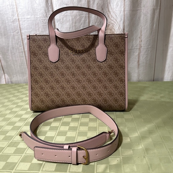Guess Silvana 4G Brown and Pink Monogram Crossbody Tote Bag - Picture 2 of 12